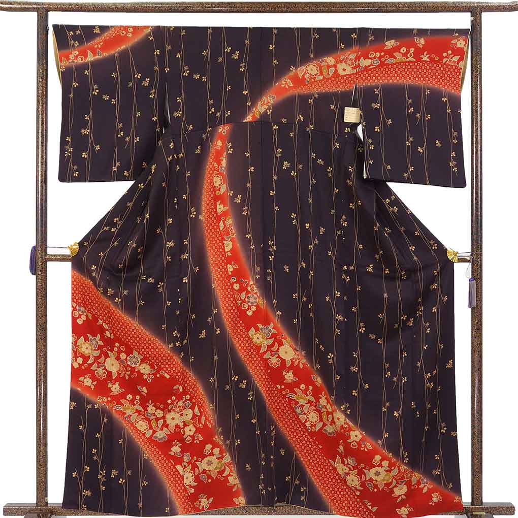 訪問着 リサイクル着物 身丈162cm 裄67cm 前幅25cm 後幅30cm 袖丈53cm 袖幅34cm レディース 袷 花柄 裄長 裄Lサイズ 秋冬春用 正絹（シルク）ブラウン 美品 リメイク リユース【ランクA】