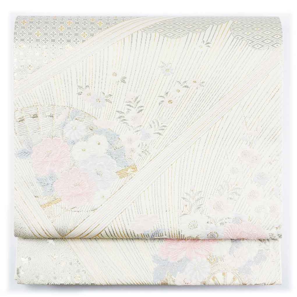 袋帯 リサイクル帯 幅30.5cm 長さ424cm レディース 扇面 秋冬春用 正絹（シルク）ホワイト 美品 リメイク リユース【ランクA】