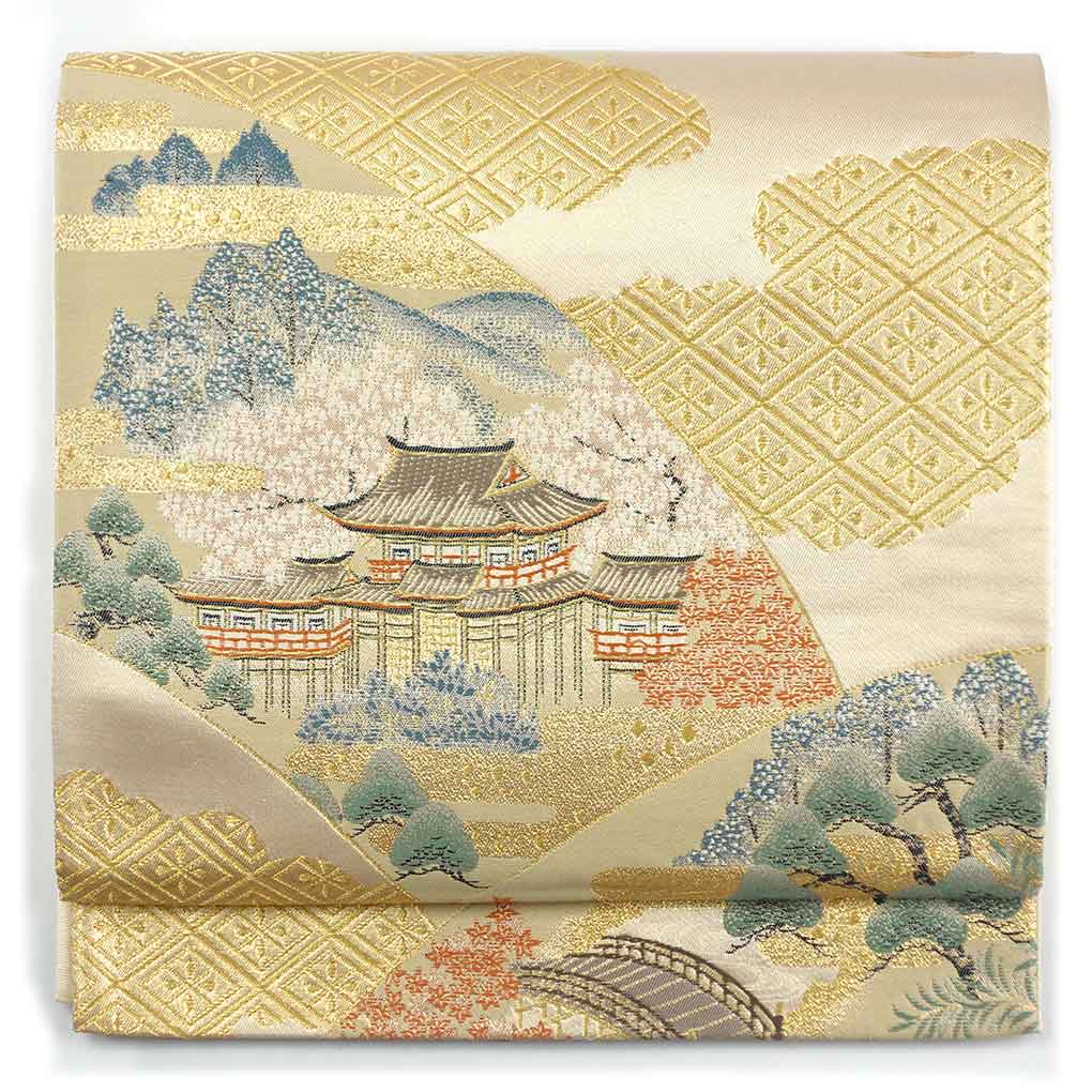 袋帯 リサイクル帯 幅31cm 長さ425cm レディース 宮中柄 秋冬春用 正絹（シルク）ベージュ 美品 リメイク リユース【ランクA】