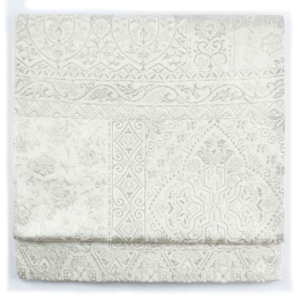 袋帯 リサイクル帯 幅30.5cm 長さ422cm レディース 抽象柄 秋冬春用 正絹（シルク）シルバー 美品 リメイク リユース【ランクA】