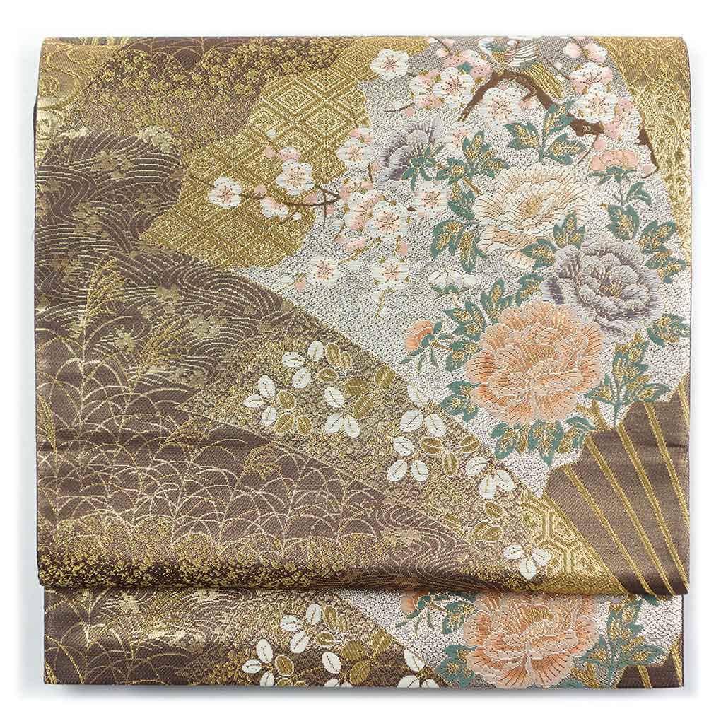 袋帯 リサイクル帯 幅30.5cm 長さ429cm レディース 扇面 秋冬春用 正絹（シルク）ブラウン 美品 リメイク リユース【ランクA】