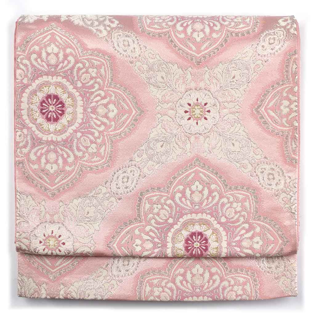 袋帯 リサイクル帯 幅31cm 長さ430cm レディース 正倉院文様 秋冬春用 正絹（シルク）ピンク 美品 リメイク リユース【ランクA】