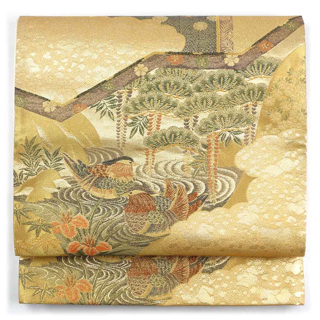 袋帯 リサイクル帯 幅30.5cm 長さ419cm レディース 鴛鴦 秋冬春用 正絹（シルク）ゴールド やや難 リメイク リユース【ランクB】