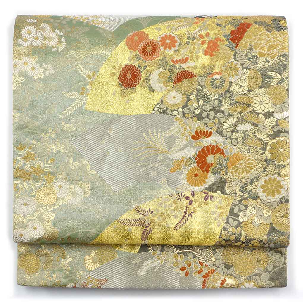 袋帯 リサイクル帯 幅31cm 長さ433cm レディース 扇面 秋冬春用 正絹（シルク）グリーン 美品 リメイク リユース【ランクA】