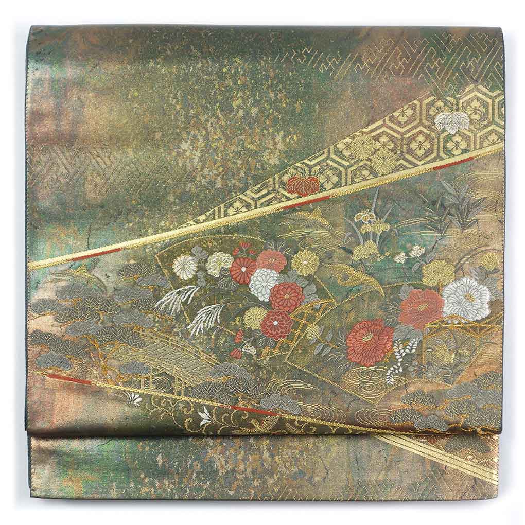 袋帯 リサイクル帯 幅30cm 長さ433cm レディース 引箔 秋冬春用 正絹（シルク）グリーン 美品 リメイク リユース【ランクA】