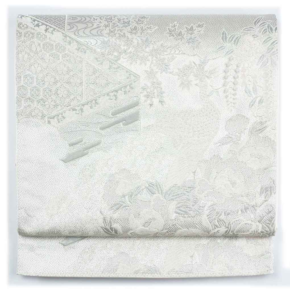 袋帯 リサイクル帯 幅30cm 長さ425cm レディース 鴛鴦 秋冬春用 正絹（シルク）シルバー 美品 リメイク リユース【ランクA】