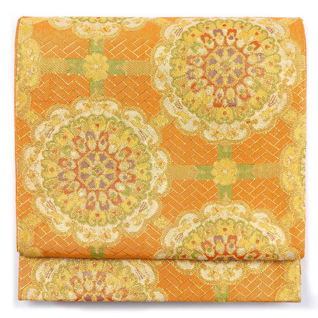 袋帯 リサイクル帯 幅31cm 長さ423cm レディース 鏡 秋冬春用 正絹（シルク）オレンジ 美品 リメイク リユース【ランクA】