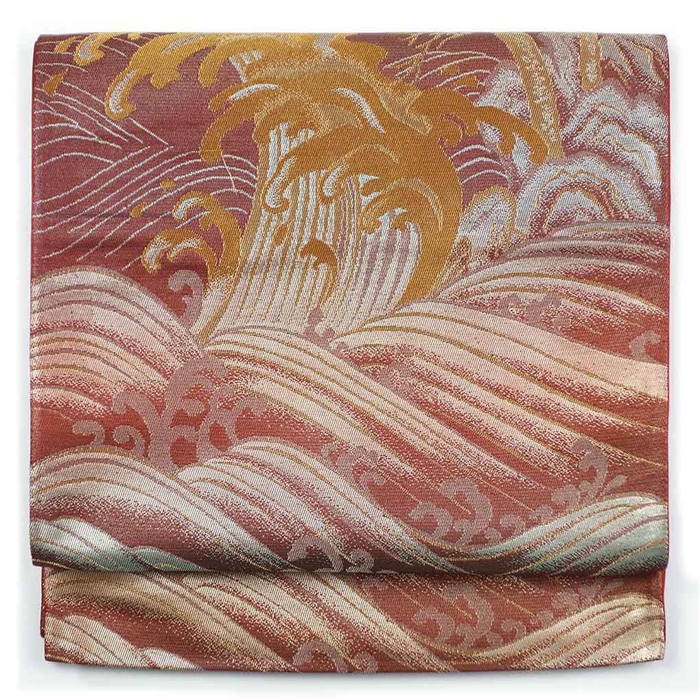 袋帯 リサイクル帯 幅30.5cm 長さ405cm レディース 波頭 秋冬春用 正絹（シルク）パープル 美品 リメイク リユース【ランクA】