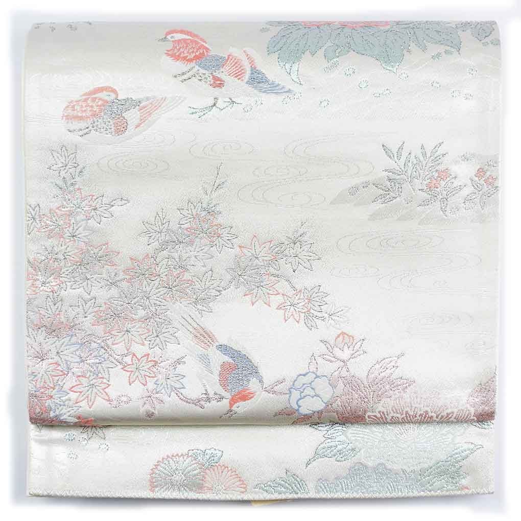 袋帯 リサイクル帯 幅30.5cm 長さ433cm レディース 鴛鴦 秋冬春用 正絹（シルク）シルバー 未使用品 リメイク リユース【ランクS】