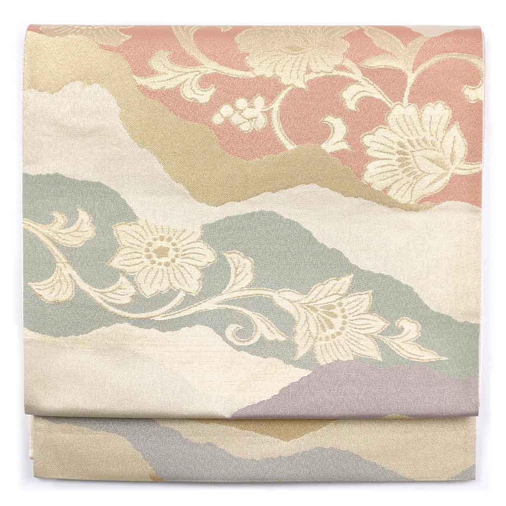 袋帯 リサイクル帯 幅31cm 長さ422cm レディース 花柄 秋冬春用 正絹（シルク）ゴールド やや難 リメイク リユース【ランクB】