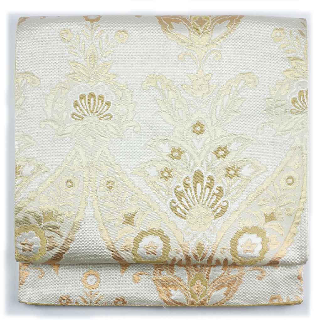 袋帯 リサイクル帯 幅30cm 長さ421cm レディース 花柄 秋冬春用 正絹（シルク）シルバー やや難 リメイク リユース【ランクB】