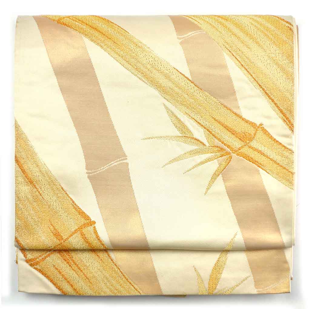 袋帯 リサイクル帯 幅30.5cm 長さ418cm レディース 竹柄 秋冬春用 正絹（シルク）ベージュ やや難 リメイク リユース【ランクB】