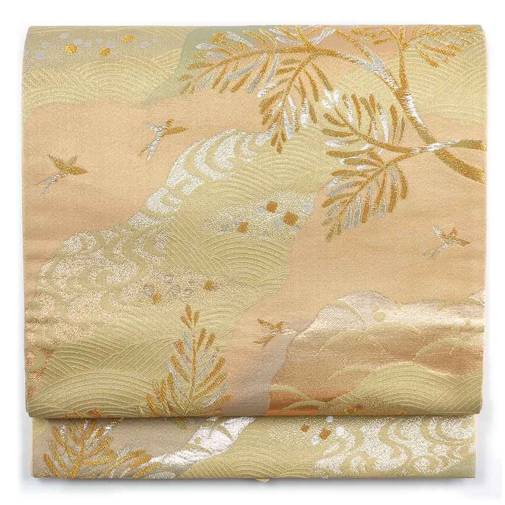 袋帯 リサイクル帯 幅30cm 長さ431cm レディース 松 秋冬春用 正絹（シルク）ベージュ 美品 リメイク リユース【ランクA】