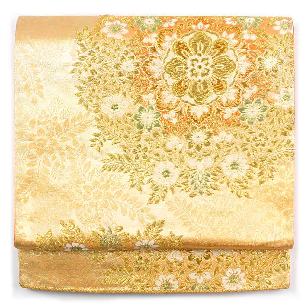袋帯 リサイクル帯 幅31cm 長さ418cm レディース 花柄 秋冬春用 正絹（シルク）ゴールド 美品 リメイク リユース【ランクA】