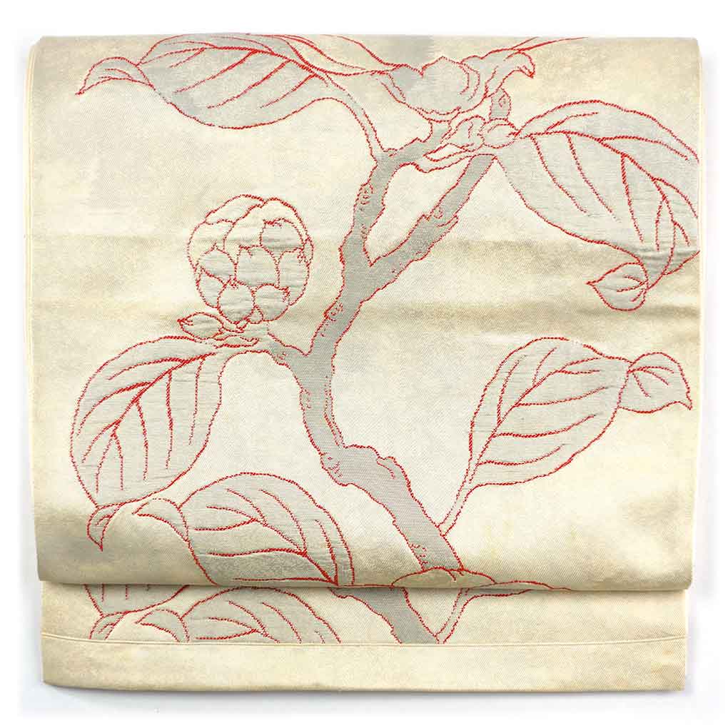 袋帯 リサイクル帯 幅31cm 長さ432cm レディース 花柄 秋冬春用 正絹（シルク）ホワイト やや難 リメイク リユース【ランクB】