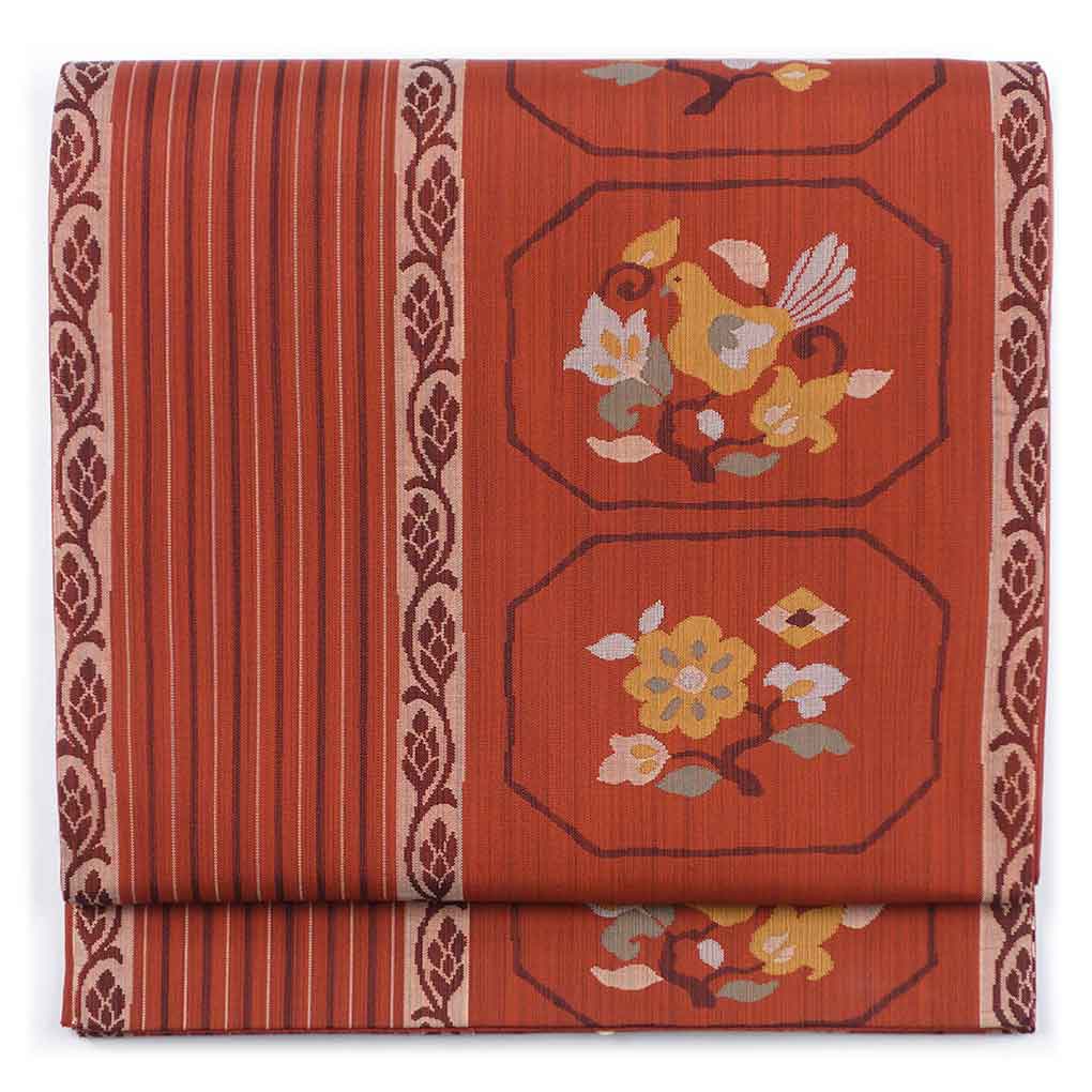 袋帯 リサイクル帯 幅30.5cm 長さ430cm レディース 花柄 秋冬春用 正絹（シルク）ブラウン 美品 リメイク リユース【ランクA】