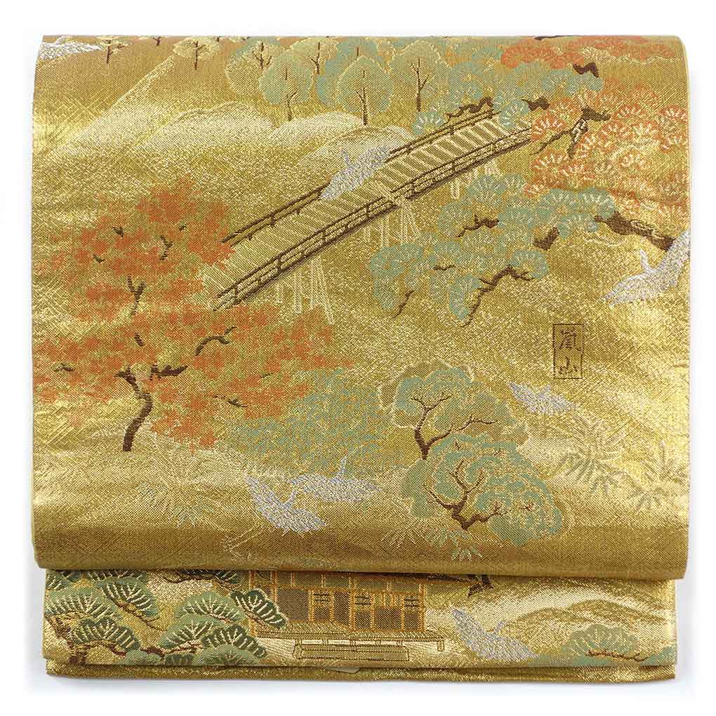 袋帯 リサイクル帯 幅30.5cm 長さ433cm レディース 風景画 秋冬春用 正絹（シルク）ゴールド 美品 リメイク リユース【ランクA】