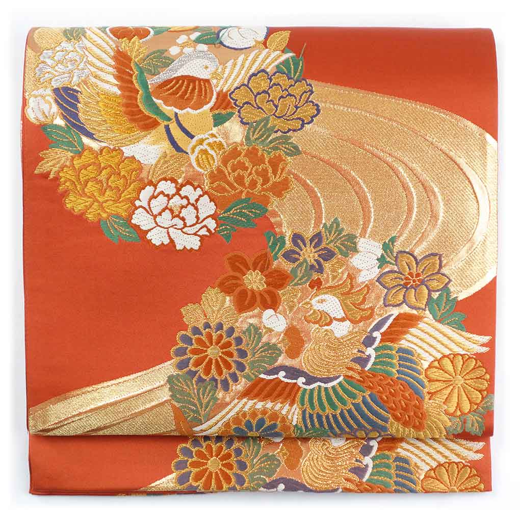 袋帯 リサイクル帯 幅31cm 長さ431cm レディース 鳥柄 秋冬春用 正絹（シルク）レッド 未使用品 リメイク リユース【ランクS】