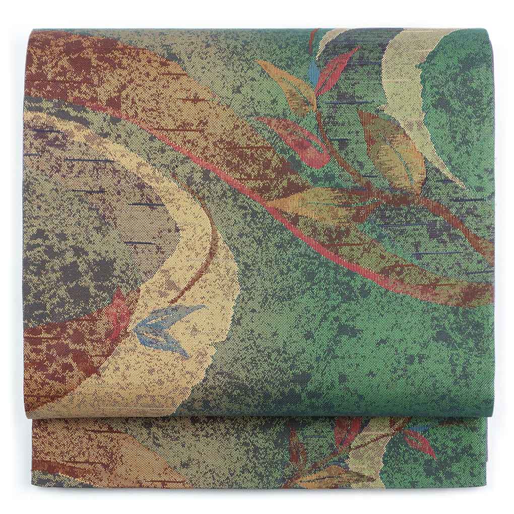 袋帯 リサイクル帯 幅31cm 長さ425cm レディース 抽象柄 秋冬春用 正絹（シルク）グリーン 美品 リメイク リユース【ランクA】