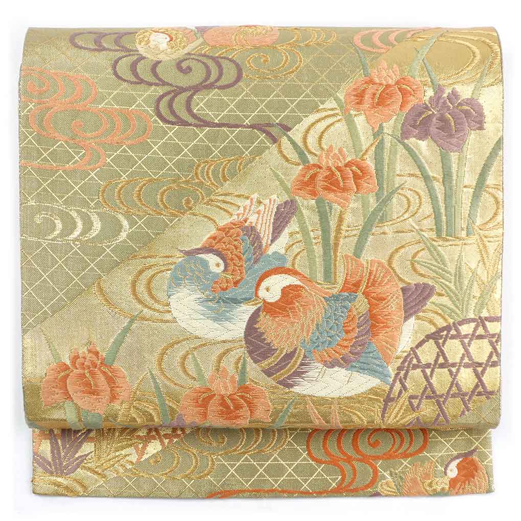 袋帯 リサイクル帯 幅31cm 長さ435cm レディース 鴛鴦 秋冬春用 正絹（シルク）ゴールド 美品 リメイク リユース【ランクA】