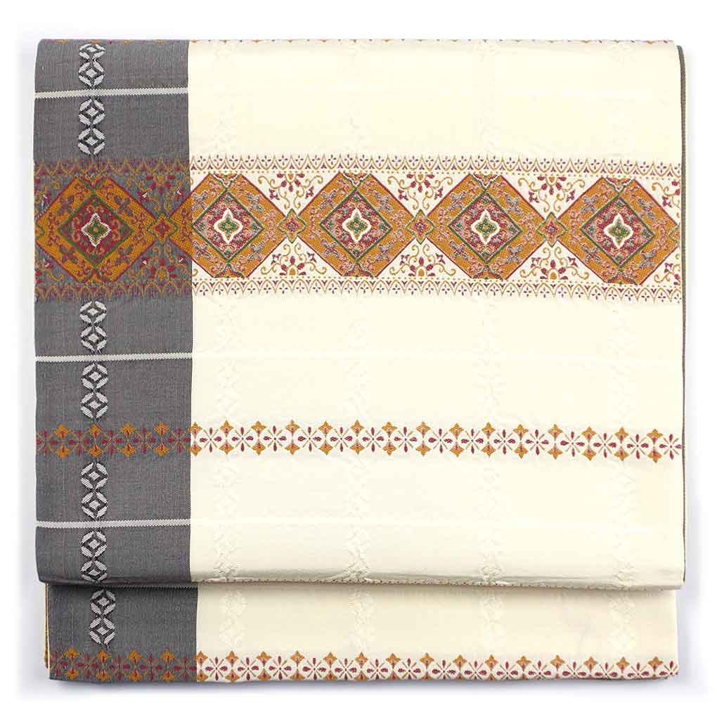 袋帯 リサイクル帯 幅31cm 長さ427cm レディース 横段柄 秋冬春用 正絹（シルク）ホワイト 美品 リメイク リユース【ランクA】