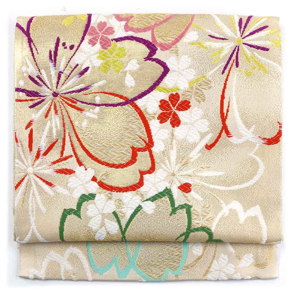 袋帯 リサイクル帯 幅31cm 長さ450cm レディース 桜 秋冬春用 正絹（シルク）ゴールド 美品 リメイク リユース【ランクA】