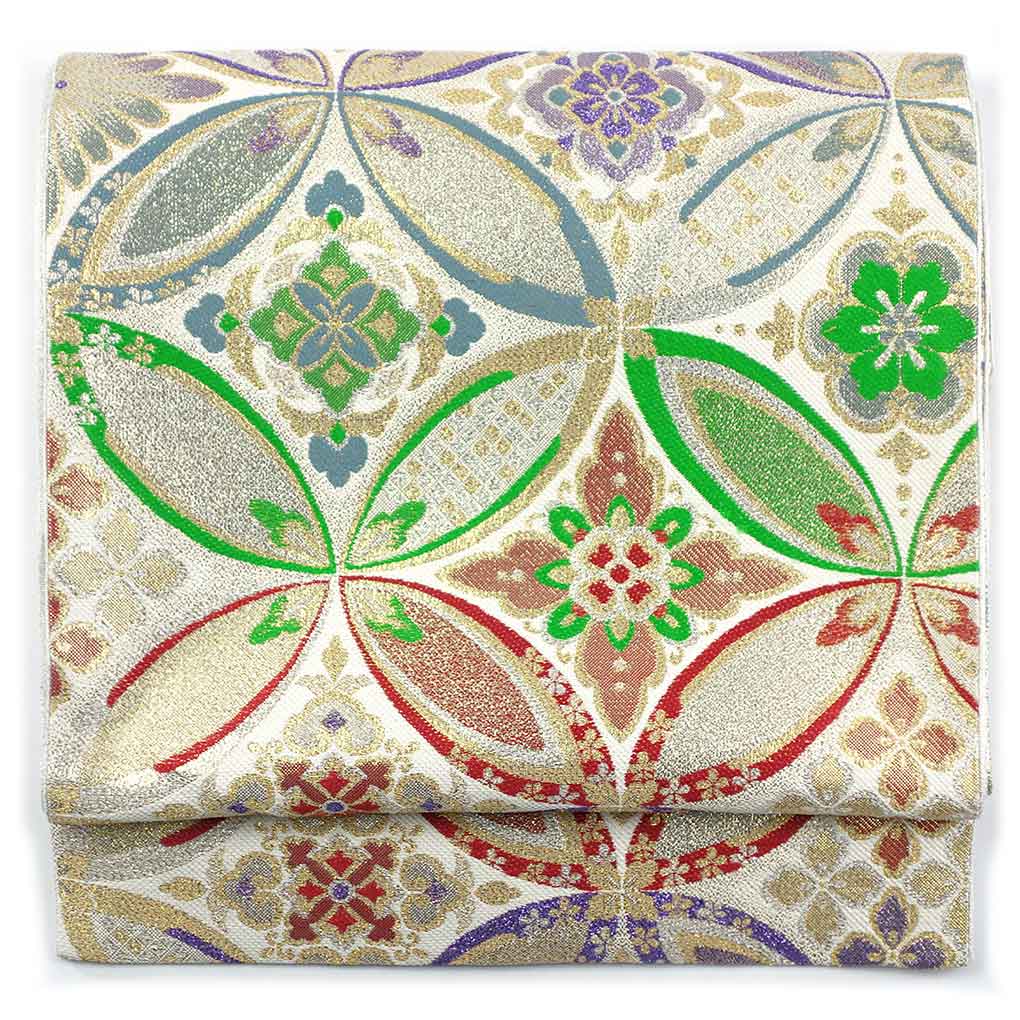 袋帯 リサイクル帯 幅30.5cm 長さ454cm レディース 七宝 秋冬春用 正絹（シルク）ゴールド 美品 リメイク リユース【ランクA】