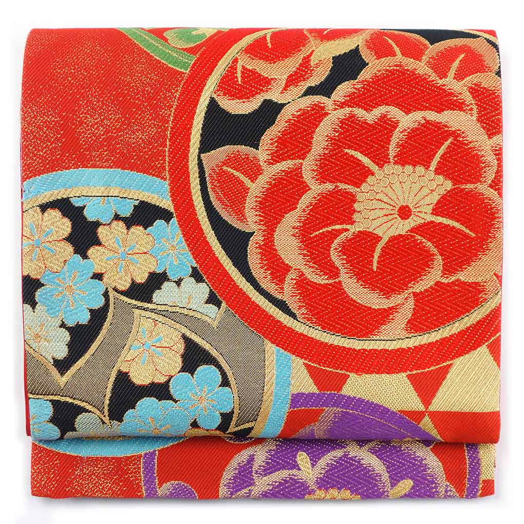袋帯 リサイクル帯 幅31cm 長さ443cm レディース 花柄 秋冬春用 正絹（シルク）レッド 美品 リメイク リユース【ランクA】