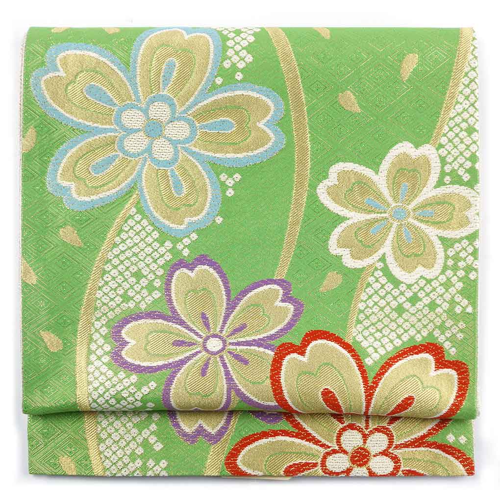 袋帯 リサイクル帯 幅31cm 長さ443cm レディース 桜 秋冬春用 正絹（シルク）グリーン 美品 リメイク リユース【ランクA】