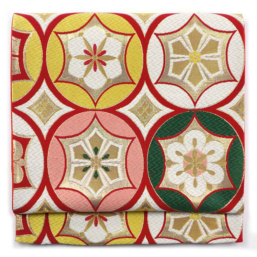 袋帯 リサイクル帯 幅31cm 長さ440cm レディース 連続模様 秋冬春用 正絹（シルク）レッド 美品 リメイク リユース【ランクA】