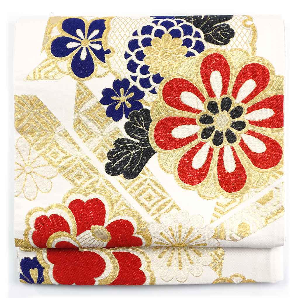 袋帯 リサイクル帯 幅30.5cm 長さ437cm レディース 花柄 秋冬春用 正絹（シルク）ホワイト 美品 リメイク リユース【ランクA】