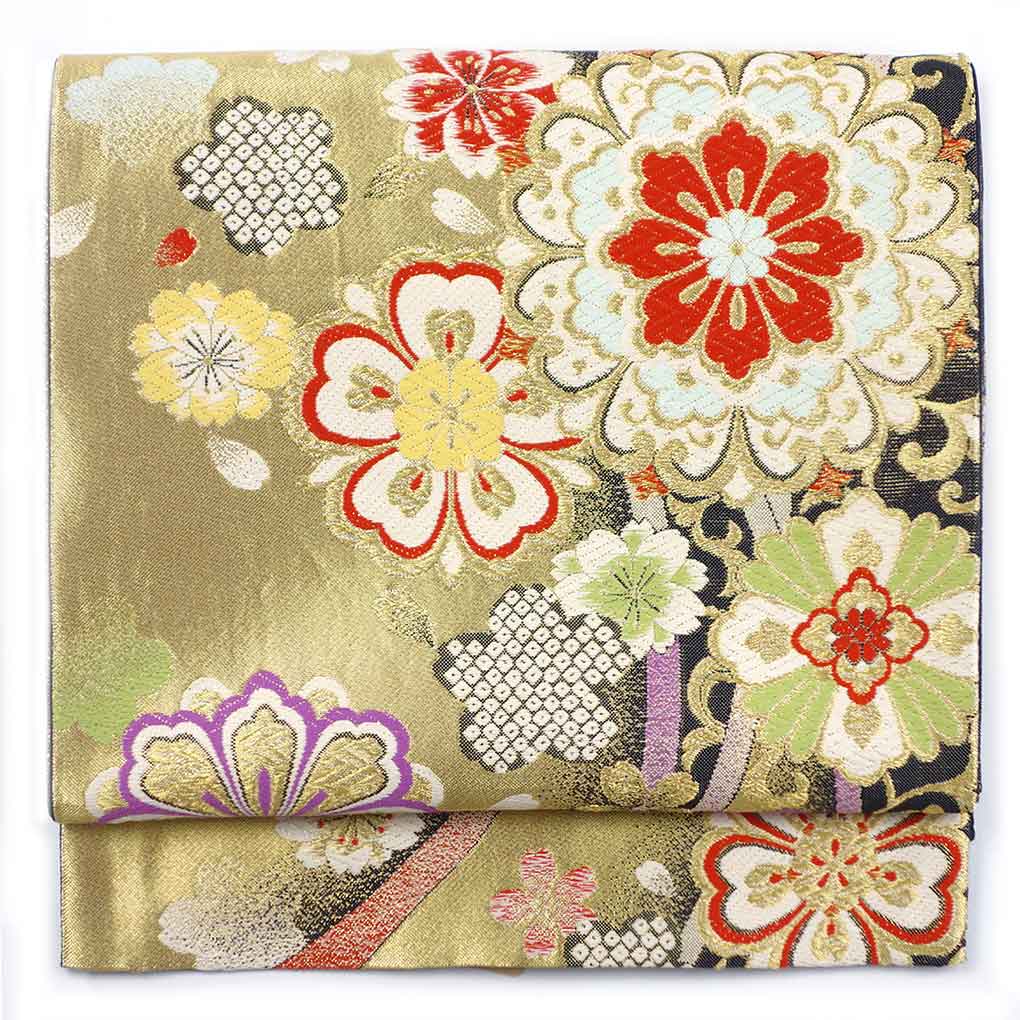 袋帯 リサイクル帯 幅30.5cm 長さ442cm レディース 花柄 秋冬春用 正絹（シルク）ゴールド 美品 リメイク リユース【ランクA】