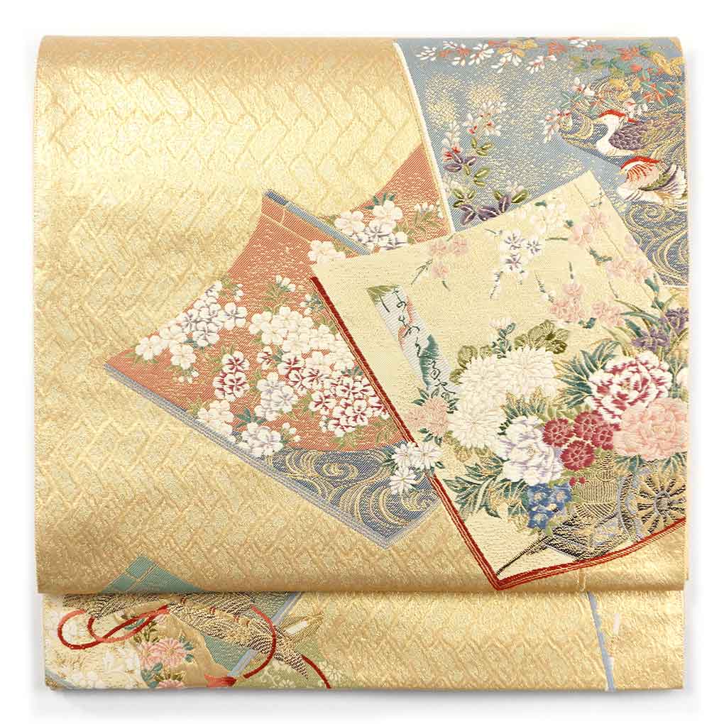 袋帯 リサイクル帯 幅31cm 長さ425cm レディース 書物 秋冬春用 正絹（シルク）ゴールド 美品 リメイク リユース【ランクA】