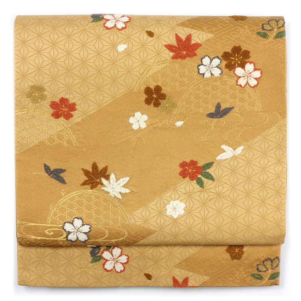 袋帯 リサイクル帯 幅30cm 長さ433cm レディース 桜楓紋 秋冬春用 正絹（シルク）ブラウン 美品 リメイク リユース【ランクA】