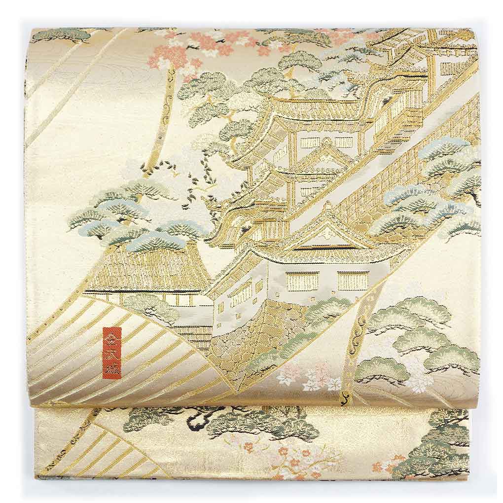 袋帯 リサイクル帯 幅31cm 長さ434cm レディース 風景画 秋冬春用 正絹（シルク）ゴールド 美品 リメイク リユース【ランクA】