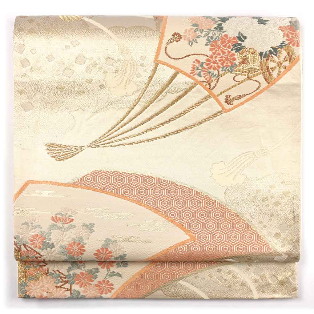 袋帯 リサイクル帯 幅31cm 長さ430cm レディース 扇面 秋冬春用 正絹（シルク）ゴールド やや難 リメイク リユース【ランクB】