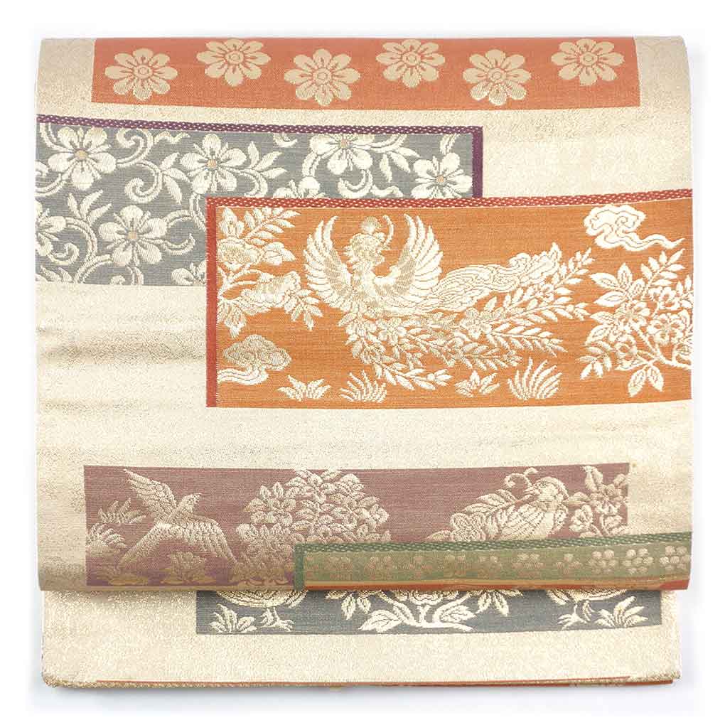 袋帯 リサイクル帯 幅31cm 長さ425cm レディース 鳳凰 秋冬春用 正絹（シルク）ベージュ 美品 リメイク リユース【ランクA】