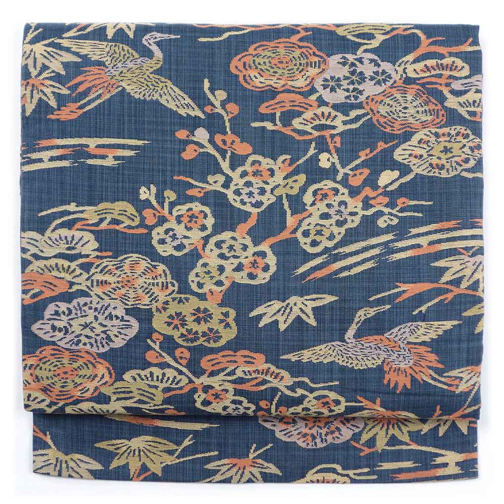 名古屋帯 リサイクル帯 幅30cm 長さ343cm レディース 花柄 秋冬春用 正絹（シルク）ネイビー 美品 リメイク リユース【ランクA】