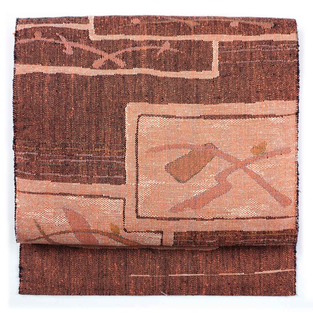 名古屋帯 リサイクル帯 幅31.5cm 長さ352cm レディース 抽象柄 秋冬春用 正絹（シルク）ブラウン 美品 リメイク リユース【ランクA】