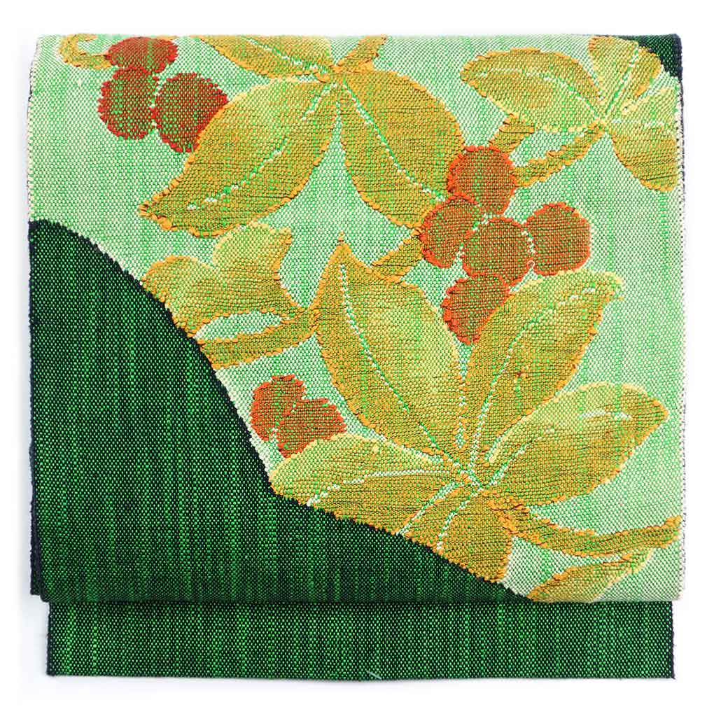 名古屋帯 リサイクル帯 幅30.5cm 長さ335cm レディース 花柄 秋冬春用 正絹（シルク）グリーン 未使用品 リメイク リユース【ランクS】