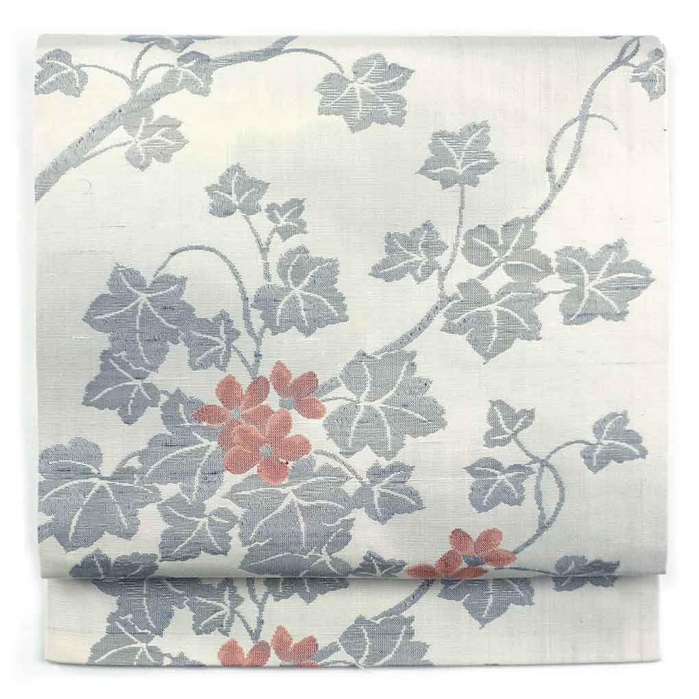 名古屋帯 リサイクル帯 幅30.5cm 長さ349cm レディース 花柄 秋冬春用 正絹（シルク）グレー 美品 リメイク リユース【ランクA】