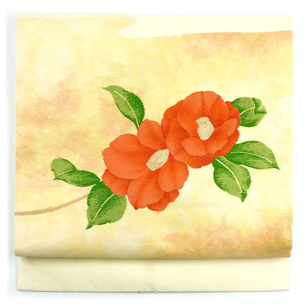 名古屋帯 リサイクル帯 幅30cm 長さ367cm レディース 椿 秋冬春用 正絹（シルク）イエロー 美品 リメイク リユース【ランクA】