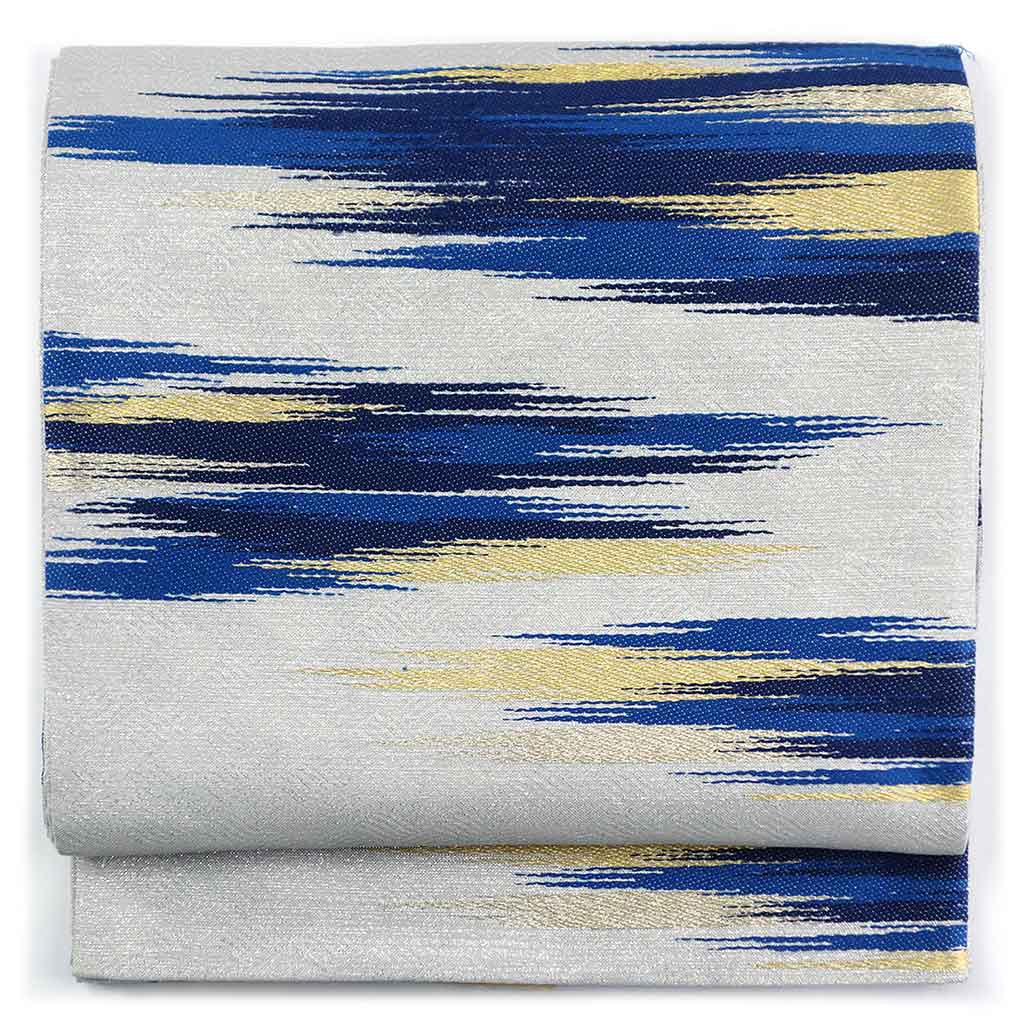 袋帯 リサイクル帯 幅30.5cm 長さ431cm レディース 横段柄 秋冬春用 正絹（シルク）グレー 美品 本藍染 リメイク リユース【ランクA】