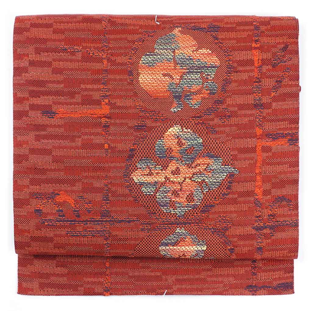 名古屋帯 リサイクル帯 幅30cm 長さ355cm レディース 抽象柄 秋冬春用 正絹（シルク）レッド 美品 リメイク リユース【ランクA】