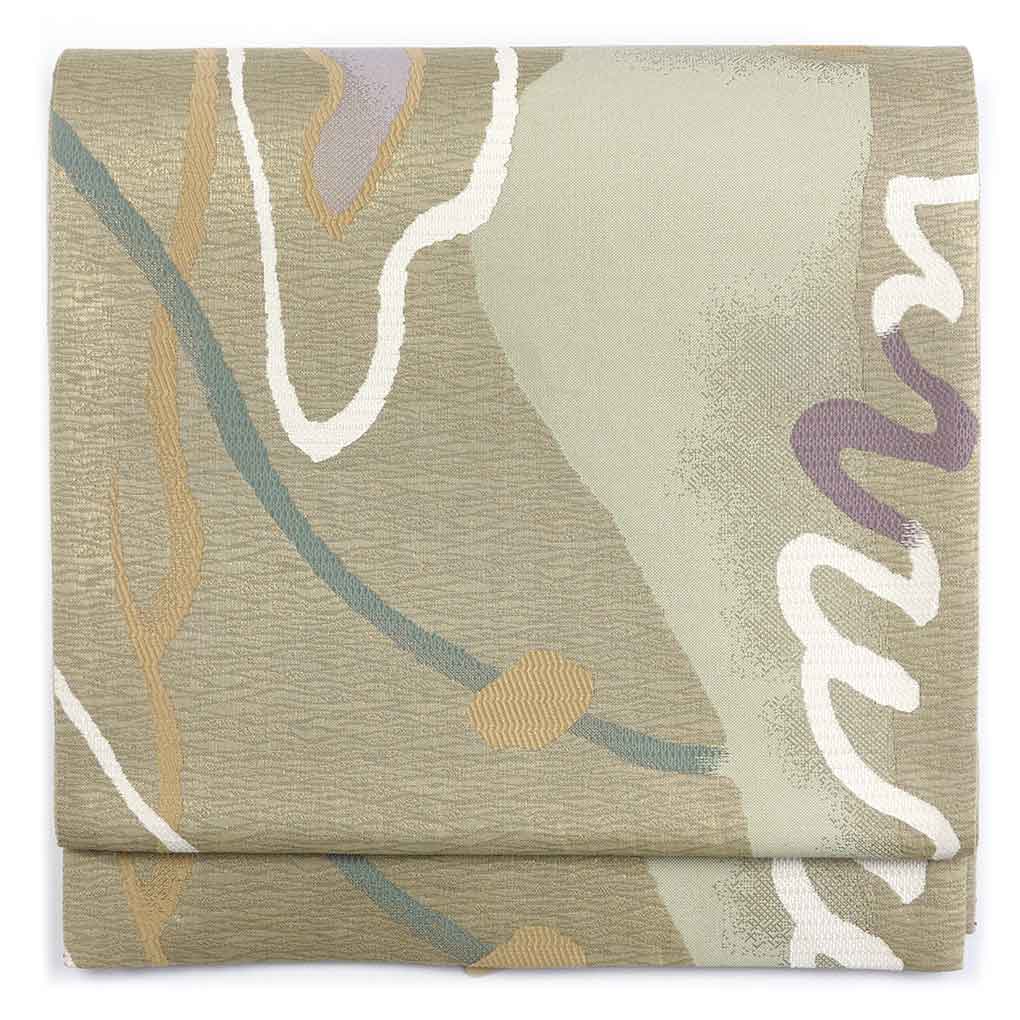 袋帯 リサイクル帯 幅31cm 長さ435cm レディース 抽象柄 秋冬春用 正絹（シルク）グリーン 未使用品 リメイク リユース【ランクS】