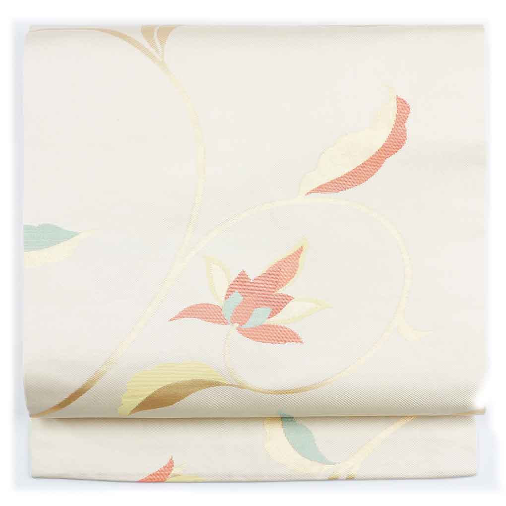 名古屋帯 リサイクル帯 幅30cm 長さ366cm レディース 花柄 秋冬春用 正絹（シルク）ホワイト 美品 リメイク リユース【ランクA】