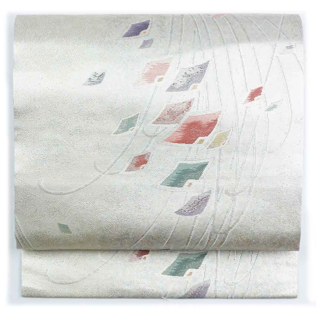 名古屋帯 リサイクル帯 幅30.5cm 長さ367cm レディース 抽象柄 秋冬春用 正絹（シルク）シルバー 美品 リメイク リユース【ランクA】