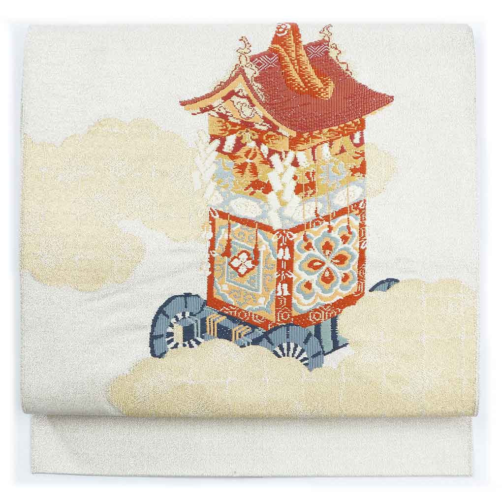 名古屋帯 リサイクル帯 幅30cm 長さ344cm レディース 祇園祭 秋冬春用 正絹（シルク）シルバー 美品 綴帯 リメイク リユース【ランクA】