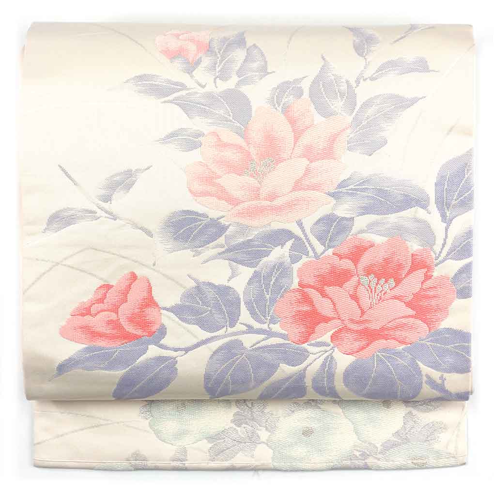 名古屋帯 リサイクル帯 幅30.5cm 長さ353cm レディース 花柄 秋冬春用 正絹（シルク）グレー やや難 リメイク リユース【ランクB】