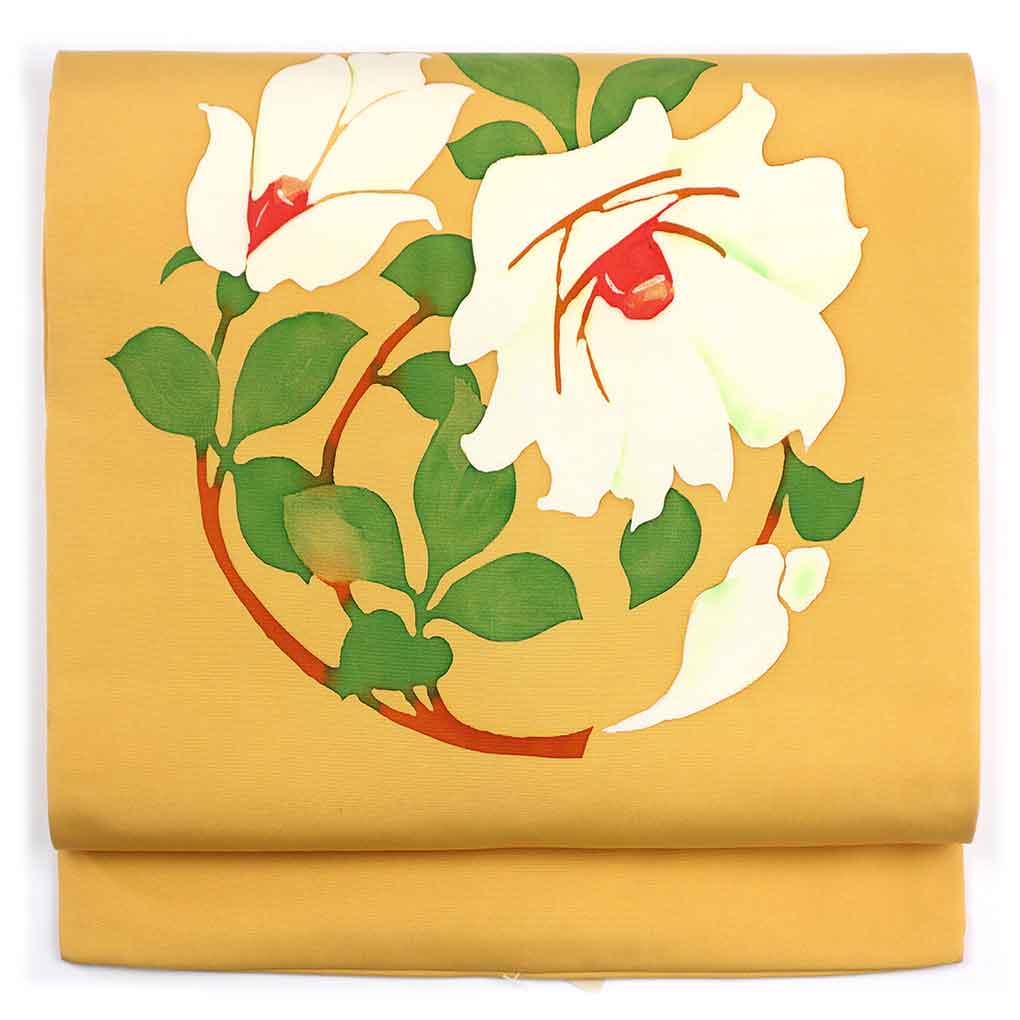 名古屋帯 リサイクル帯 幅30.5cm 長さ357cm レディース 花柄 秋冬春用 正絹（シルク）イエロー やや難 塩瀬 リメイク リユース【ランクB】